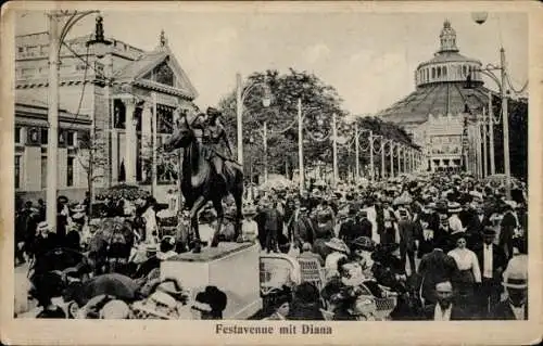 Ak Wien, I. Internationale Jagdausstellung 1910, Festavenue mit Diana, Göttin der Jagd