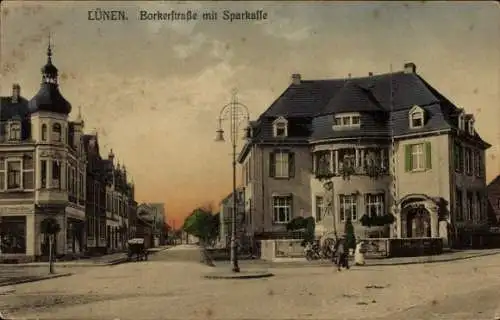 Ak Lünen in Westfalen, Borker Straße mit Sparkasse, Geschäft Friedrich Frye