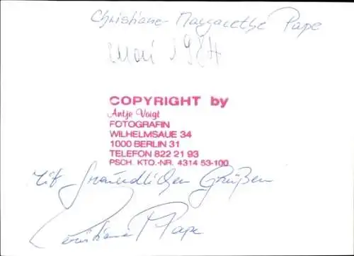 Ak Schauspielerin Christiane-Margarethe Pape, Portrait, Autogramm