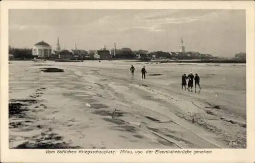 Ak Jelgava Mitau Lettland, Strand, Eisenbahnbrücke