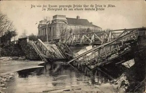 Ak Jelgava Mitau Lettland, Gesprengte Brücke über die Drixe