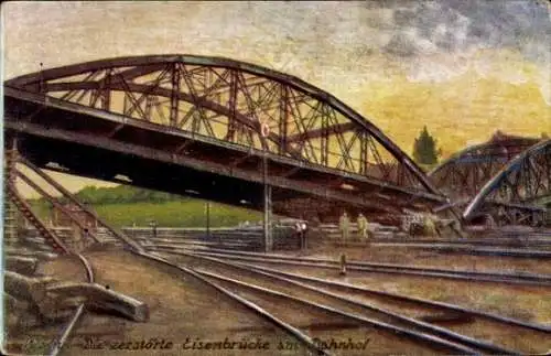 Ak Vilnius Wilna Litauen, Zerstörte Eisenbahnbrücke, Bahnhof