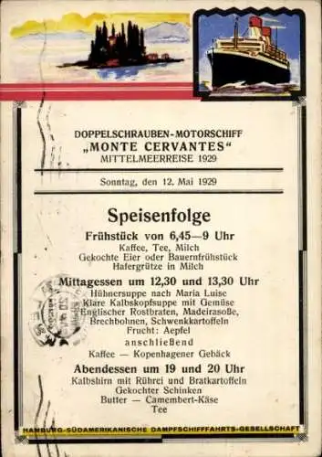 Ak Motorschiff Monte Cervantes, Mittelmeerreise 1929, Speisenfolge, HSDG