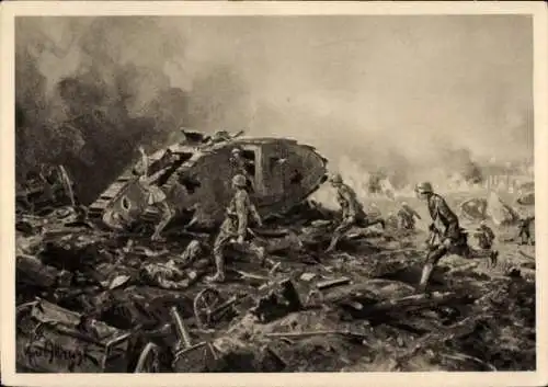 Künstler Ak Albrecht, Kurd, Schlacht bei Cambrai 1917, zerstörter Panzer, I WK