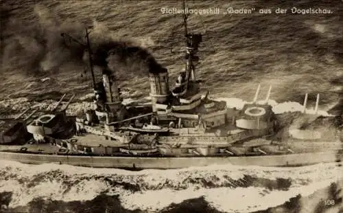 Ak Deutsches Kriegsschiff, SMS Baden, Flottenflaggschiff, Kaiserliche Marine, Fliegeraufnahme