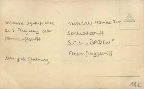 Ak Deutsches Kriegsschiff, SMS Baden, Flottenflaggschiff, Kaiserliche Marine, Fliegeraufnahme