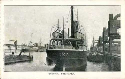 Ak Szczecin Stettin Pommern, Freihafen, Dampfschiff, Lastkahn