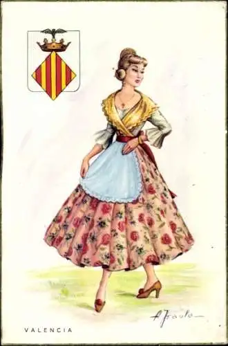 Künstler Ak Valencia, Wappen, Frau in Tracht