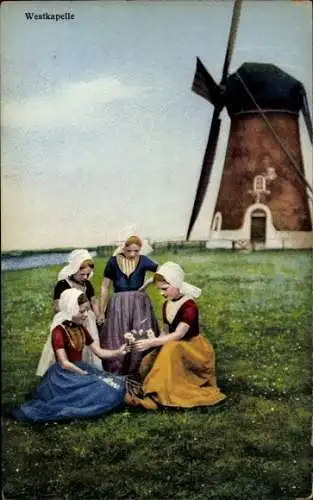 Ak Westkapelle Niederlande, Kinder in Tracht, Windmühle