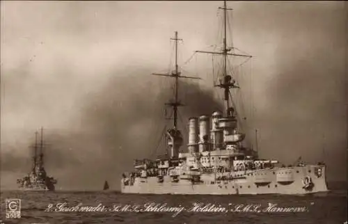 Ak Deutsche Kriegsschiffe, SMS Hannover, SMS Schleswig Holstein, Kaiserliche Marine