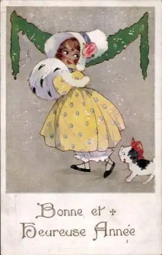 Ak Glückwunsch Neujahr, Elegantes Mädchen mit Muff und Hund, Schneefall