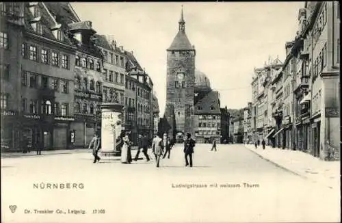 Ak Nürnberg in Mittelfranken Bayern, Ludwigstraße mit weißem Turm, Litfaßsäule