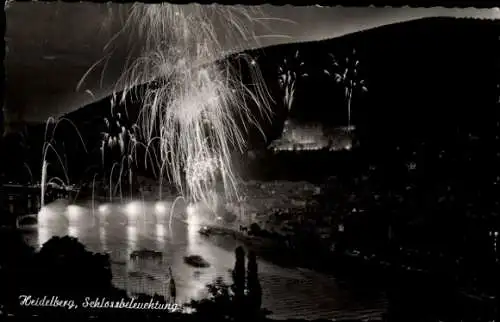 Ak Heidelberg am Neckar, Schlossbeleuchtung, Feuerwerk, Neckar, Brücke, Kirche