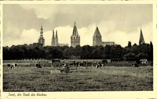 Ak Soest, Stadt der Kirchen, Ansicht von 6 Kirchtürmen