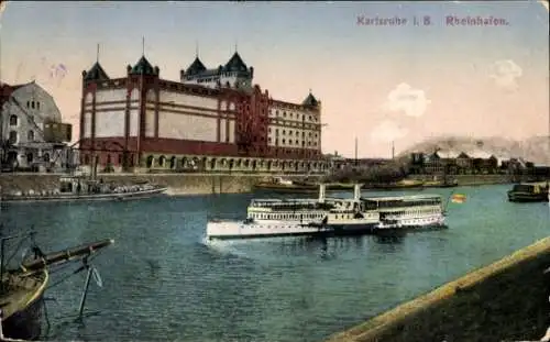 Ak Karlsruhe in Baden, Reinhafen, Dampfschiff