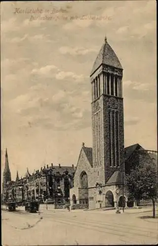 Ak Karlsruhe in Baden, Durlacher Allee mit Lutherkirche, Straßenbahn