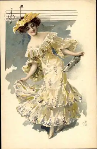 Litho Frau in gelbem Kleid, Mundstück einer Flöte, Werbung für Chicoree Arlatte