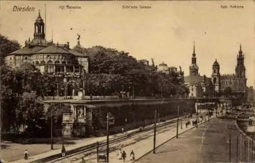 Ak Dresden Altstadt, Kgl. Belvedere, Brühl'sche Terrase, Katholische Hofkirche