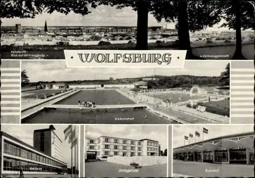 Ak Wolfsburg Niedersachsen, Kreuzkirche, Volkswagenwerk, Badeanstalt, Rathaus, Amtsgericht, Bahnhof