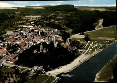 Ak Polle an der Weser, Gesamtansicht, Burg, Campingplatz, Fähre