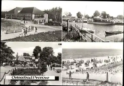 Ak Ostseebad Prerow auf dem Darß, Strand, HO-Gaststätte Dünenhaus, Cafe Strandeck, Hafen