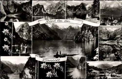 Ak  Königssee Oberbayern, Seemotive, Berchtesgaden, Watzmann, Edelweiß