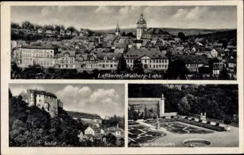 Ak Weilburg an der Lahn Hessen, Gesamtansicht, Schloss, Schlossgarten