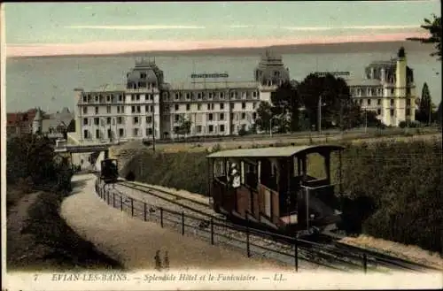 Ak Évian les Bains Haute Savoie, Splendide Hotel, Funiculaire