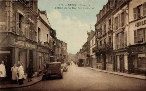 Ak Dreux Eure et Loir, Entree de la Rue Saint Martin, Coiffeur Parfumeur