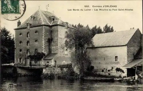 Ak Orléans Loiret, Bords du Loiret, Moulins du Pont Saint Nicolas