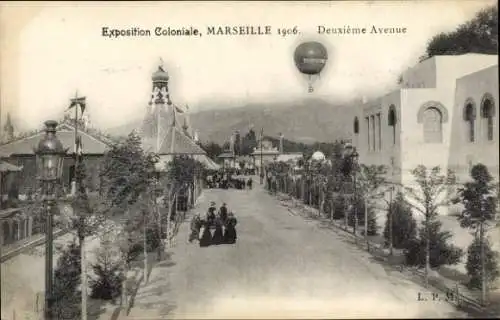 Ak Marseille Bouches du Rhône, Exposition Coloniale 1906, Deuxieme Avenue, Heißluftballon