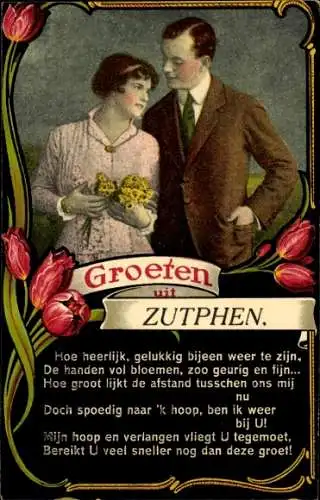 Gedicht Passepartout Ak Zutphen Gelderland, Grüße aus, Liebespaar