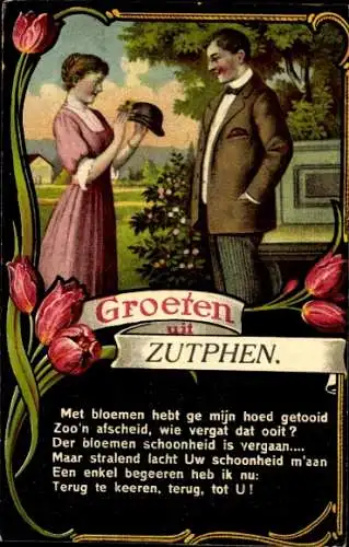 Gedicht Passepartout Ak Zutphen Gelderland, Grüße aus, Liebespaar, Hut