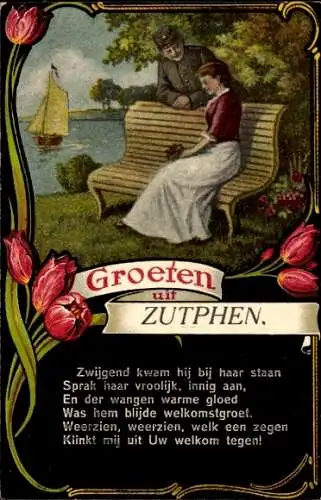 Gedicht Passepartout Ak Zutphen Gelderland, Grüße aus, Liebespaar, Soldat