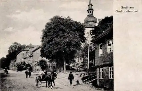 Ak Großbreitenbach in Thüringen, Teilansicht, Turm, Kutsche