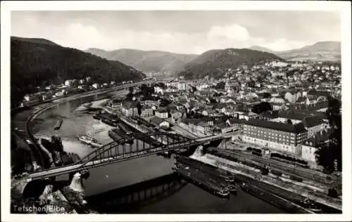 Ak Děčín Tetschen an der Elbe Region Aussig, Gesamtansicht, Brücke