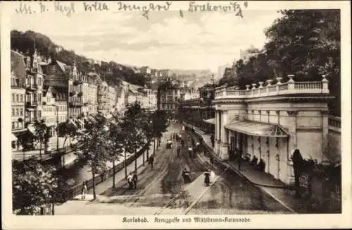 Ak Karlovy Vary Karlsbad Stadt, Kreuzgasse und Mühlbrunn Kolonnade