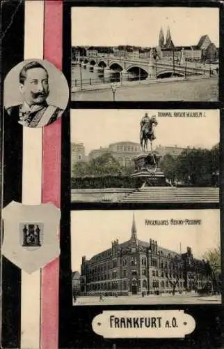 Passepartout Ak Frankfurt an der Oder, Brücke, Postamt, Kaiserdenkmal, Portrait