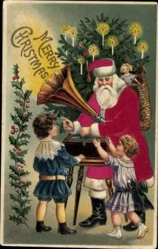 Präge Stoff Litho Glückwunsch Weihnachten, Weihnachtsmann, Tannenbaum, Grammophon