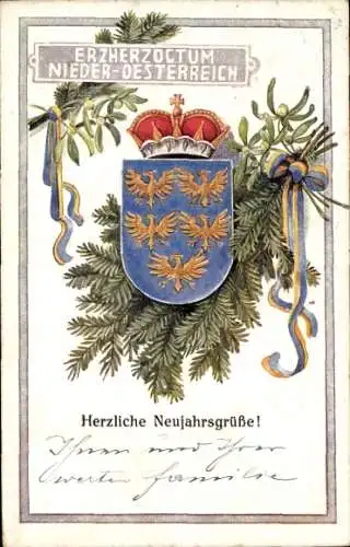 Wappen Ak Glückwunsch Neujahr, Erzherzogtum Niederösterreich, Tannenzweige