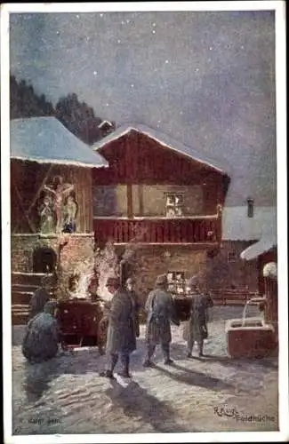 Künstler Ak Kargl, R., Feldküche, K. u. k. Soldaten, Winter