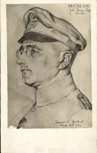 Künstler Ak Leutnant Gerlach, Gemaltes Porträt in Uniform, Korrespondenz, Autogramm