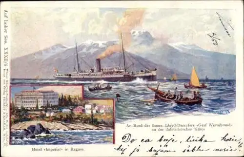 Künstler Litho Ragusa Dubrovnik Kroatien, Dampfer Graf Wurmbrand, Österr. Lloyd, Hotel Imperial