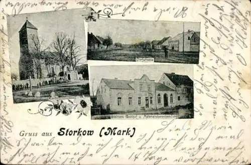 Ak Storkow in der Mark, Kirche, Gasthof, Materialwarenhandlung, Dorfstraße