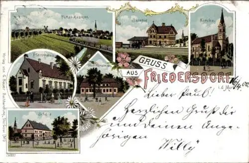 Litho Friedersdorf in der Mark, Gesamtansicht, Bahnhof, Pfarrhaus, Kirche, Schule