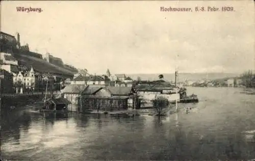 Ak Würzburg am Main Unterfranken, Hochwasser, 6.-8. Februar 1909