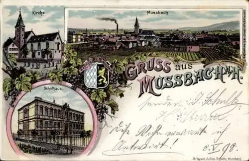 Litho Mußbach Neustadt an der Weinstraße, Kirche, Schule