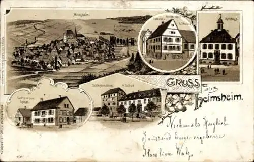 Litho Heimsheim am Schwarzwald, Spezerei, Rathaus, Gasthaus zum Ochsen, Panorama