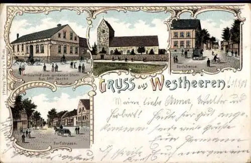 Litho Westheeren Tangermünde an der Elbe, Gasthof zum goldenen Stern, Kirche, Dorfstraße