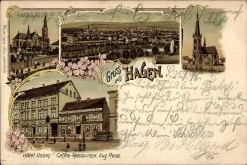 Litho Hagen in Westfalen, Gesamtansicht, Hotel Union, Café-Restaurant, Kirche